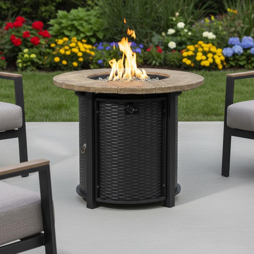 50000 BTU 30" Black And Brown Steel Propane Round Fire Pit shown outdoors on a tiled patio with greenery.