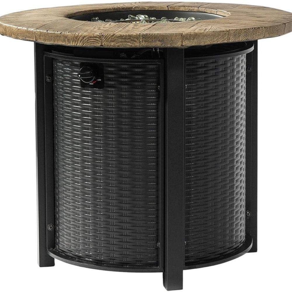 50000 BTU 30" Black And Brown Steel Propane Round Fire Pit. Outdoor fireplaces and firepit isolated on a plain white background, showing a black metal surface.