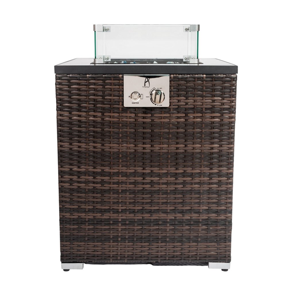 Espresso wicker propane rectangular fire pit with glass wind guard and control panel on a white background.