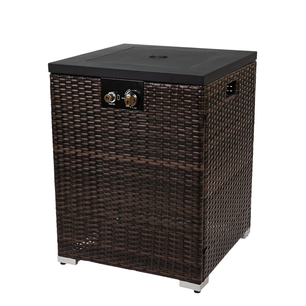 Brown wicker propane fire pit with black top and control panel, on white background.