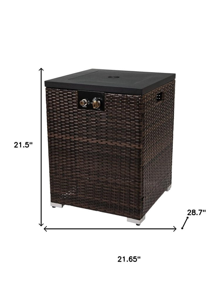 50000 BTU 22" Brown Wicker Propane Rectangular Fire Pit. Outdoor fireplaces and firepit isolated on a plain white background, showing a wicker surface.