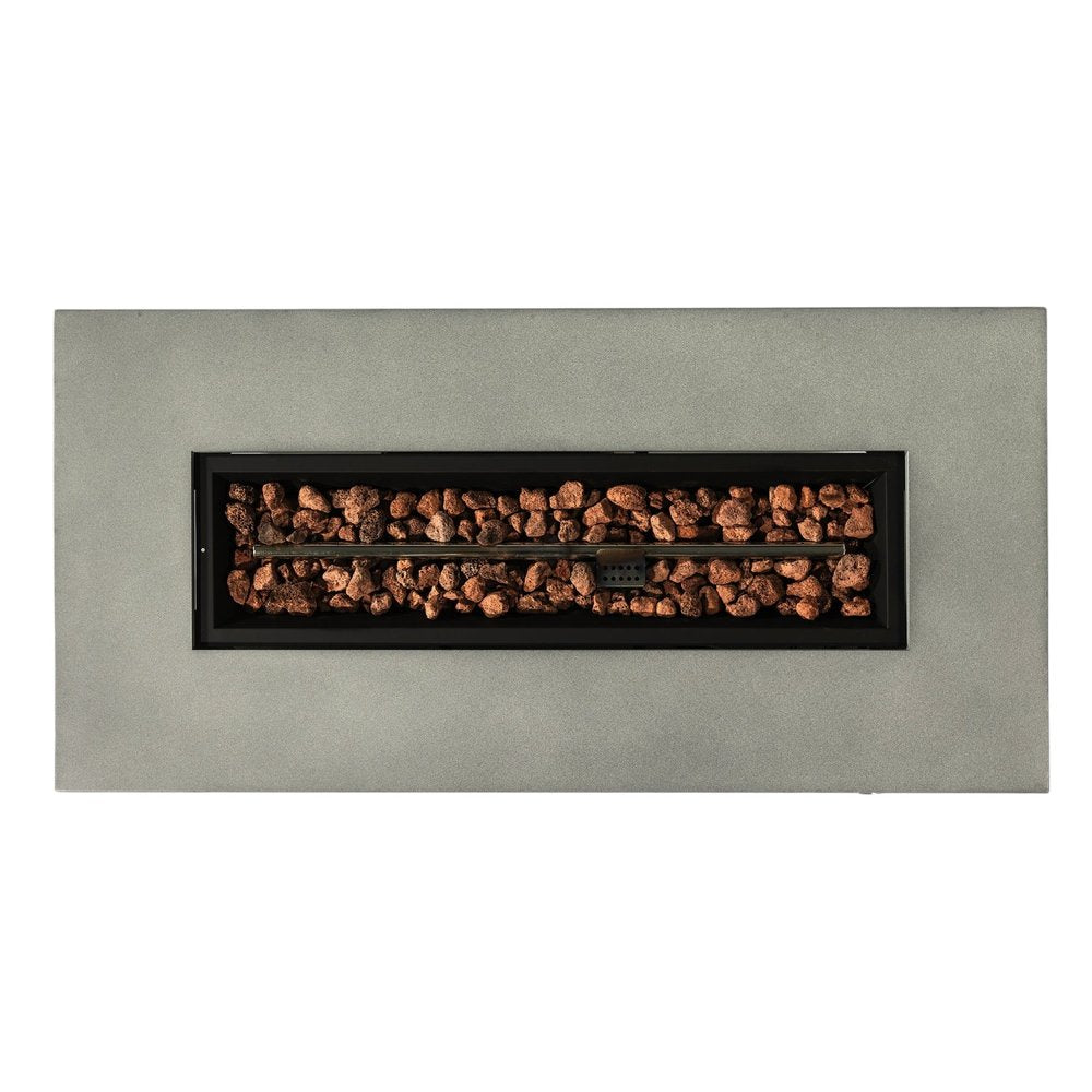 50000 BTU 42" Gray Steel Propane Rectangular Fire Pit With Cover. Outdoor fireplaces and firepit isolated on a plain white background, showing a gray metal surface.