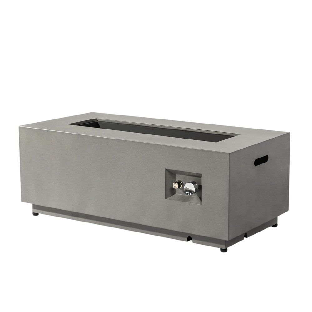 50000 BTU 42" Gray Steel Propane Rectangular Fire Pit With Cover. Outdoor fireplaces and firepit isolated on a plain white background, in a gray metal finish.
