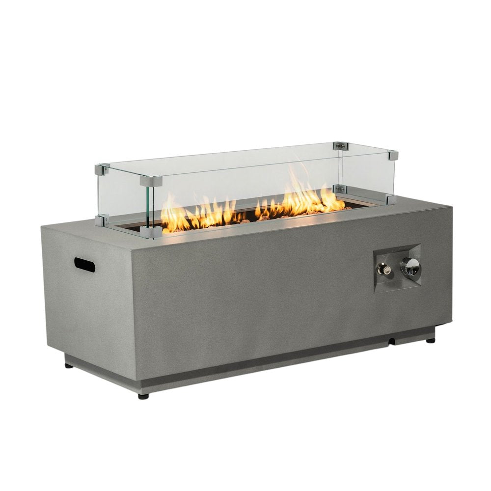 50000 BTU 42" Gray Steel Propane Rectangular Fire Pit With Cover. Outdoor fireplaces and firepit isolated on a plain white background, in a gray metal finish.