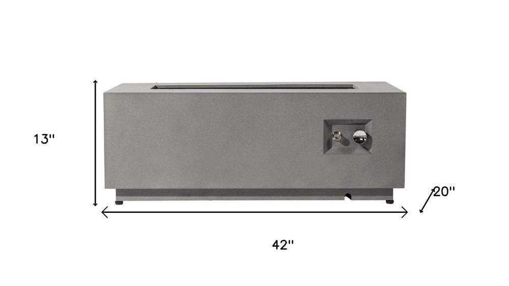 50000 BTU 42" Gray Steel Propane Rectangular Fire Pit With Cover. Outdoor fireplaces and firepit isolated on a plain white background, finished in gray metal.