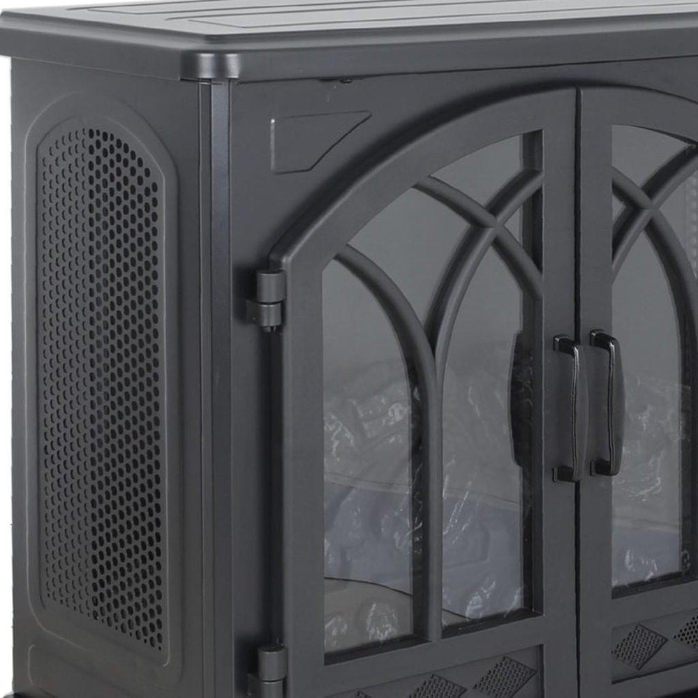 Close-up of 24" Black Carved Geometric Metal Electric Fireplace showing the black metal texture.