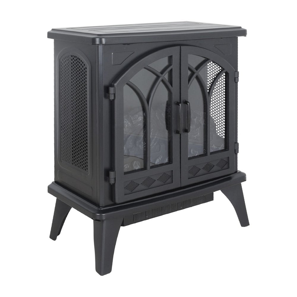 24" Black Carved Geometric Metal Electric Fireplace. Fireplace isolated on a plain white background, showing a black metal surface.