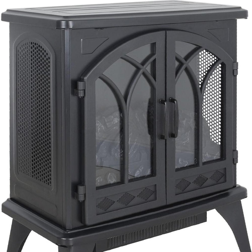 24" Black Carved Geometric Metal Electric Fireplace detail shot of the black metal finish.