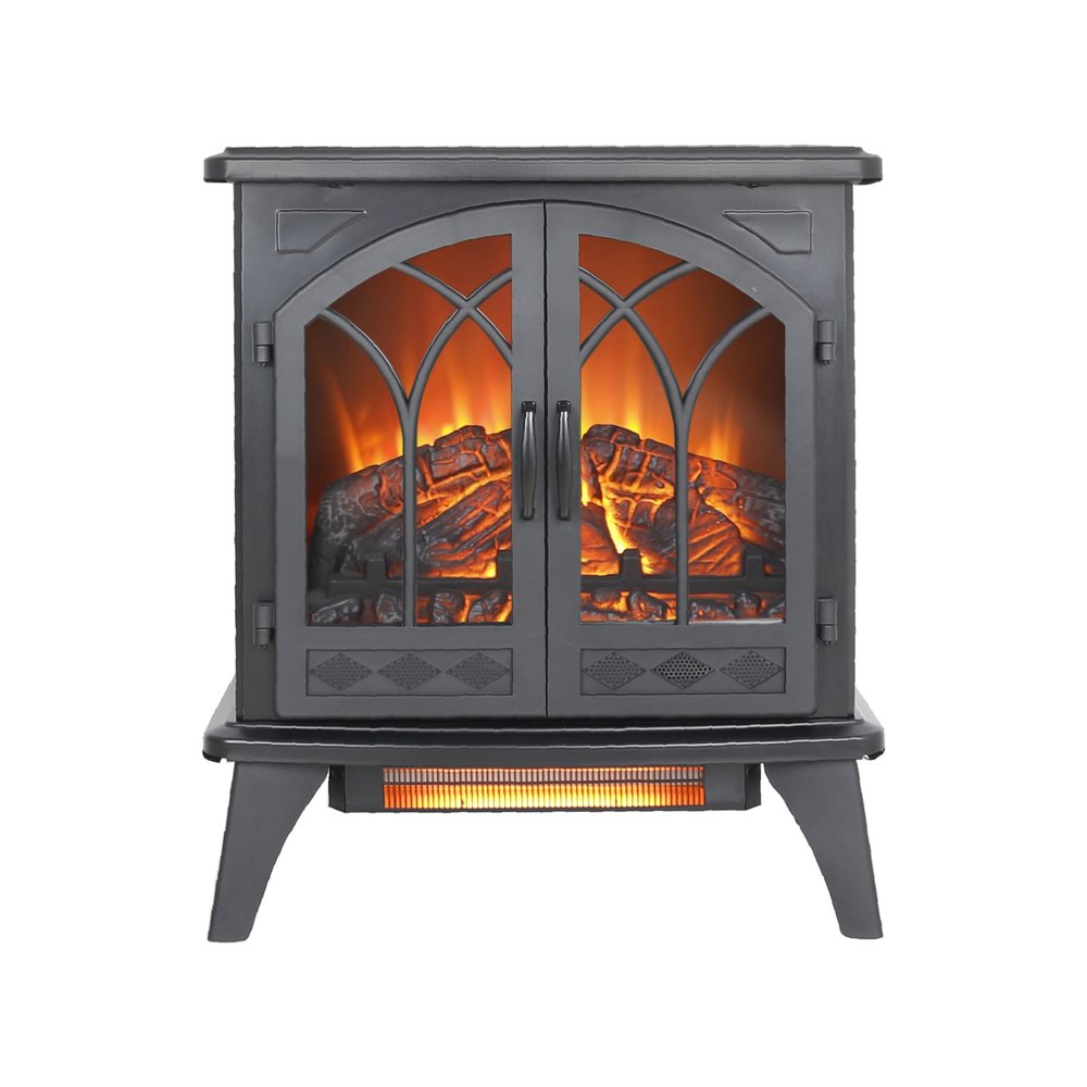 24" Black Carved Geometric Metal Electric Fireplace. Fireplace isolated on a plain white background, finished in black metal.