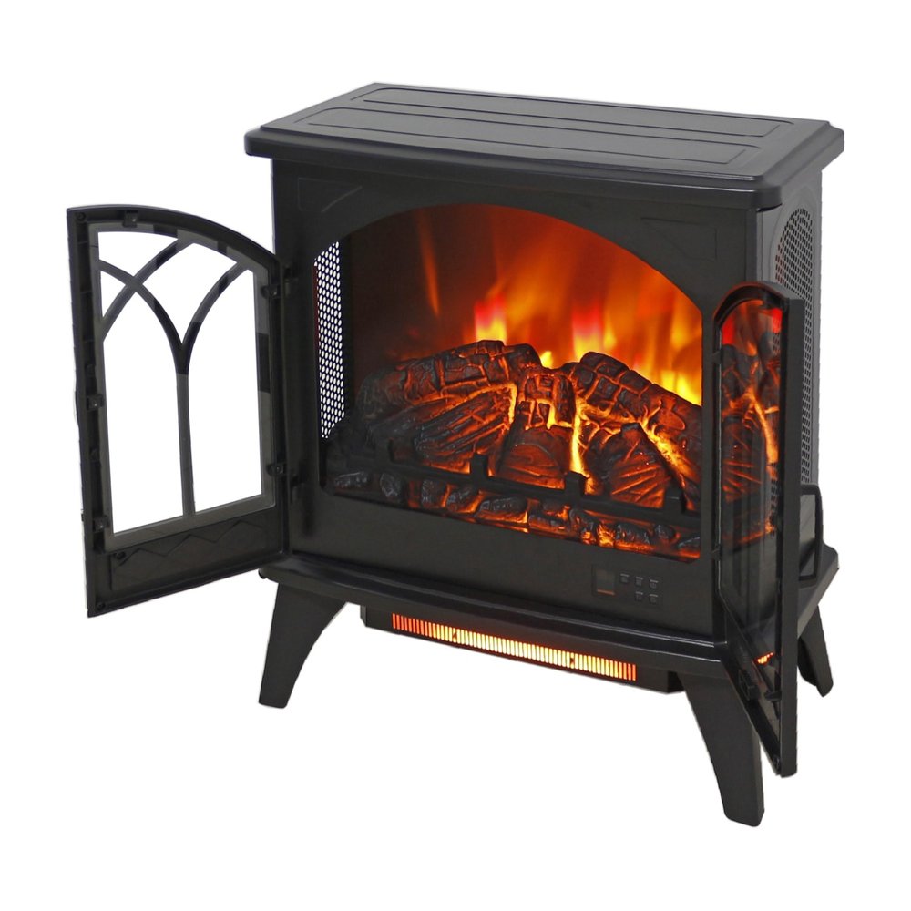 24" Black Carved Geometric Metal Electric Fireplace. Fireplace isolated on a plain white background, showing a black metal surface.