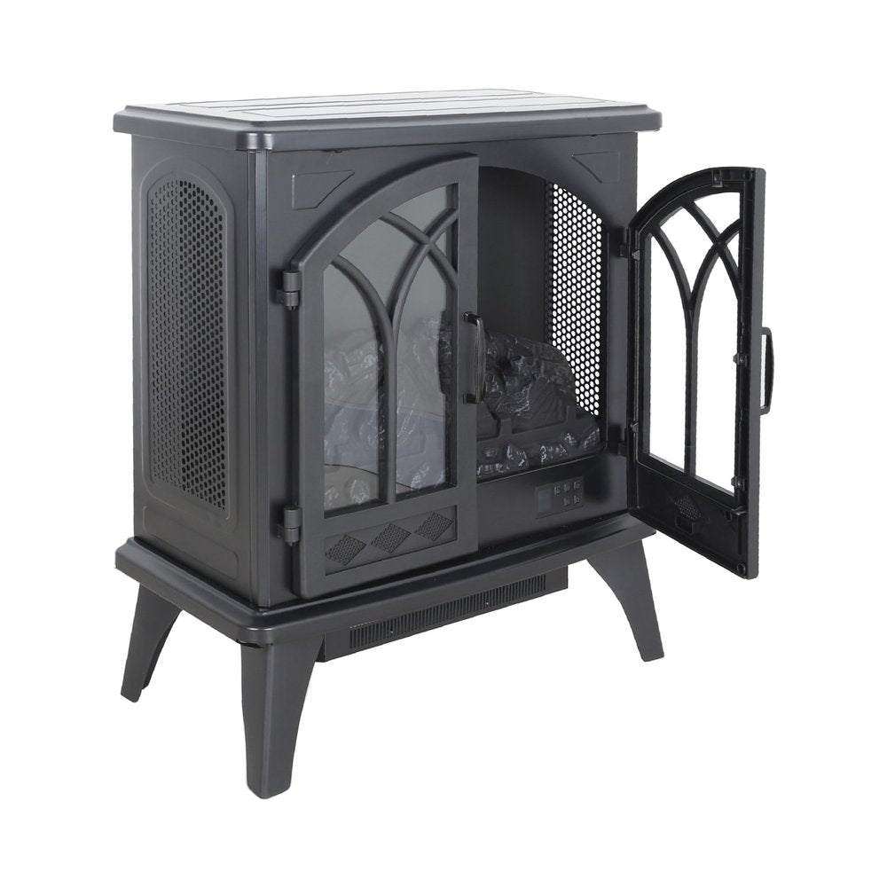 24" Black Carved Geometric Metal Electric Fireplace. Fireplace isolated on a plain white background, in a black metal finish.