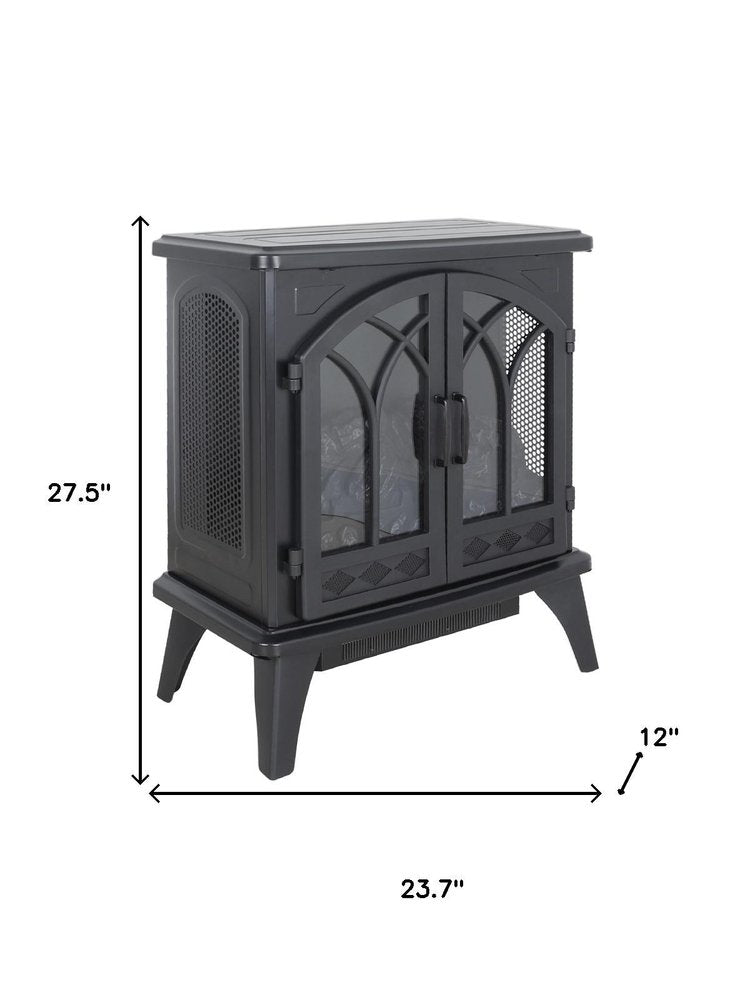 24" Black Carved Geometric Metal Electric Fireplace. Fireplace isolated on a plain white background, finished in black metal.