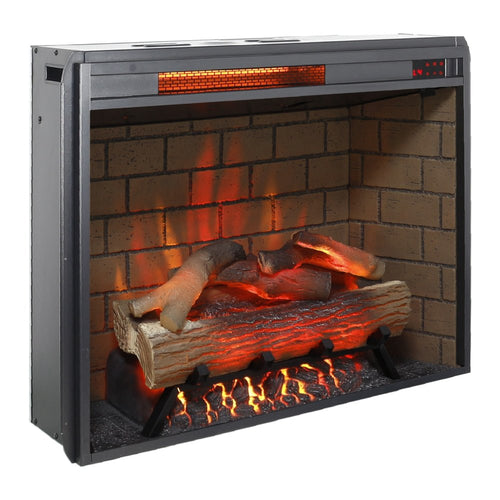 Black metal electric fireplace with faux brick interior and glowing logs.