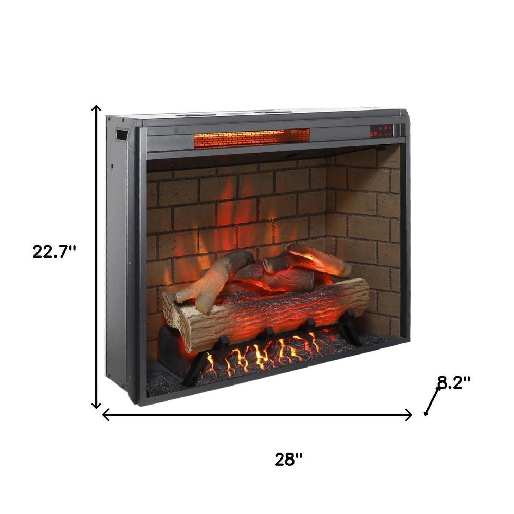 28" Black Faux Brick Metal Electric Fireplace And Speaker. Fireplace isolated on a plain white background, showing a black metal surface.