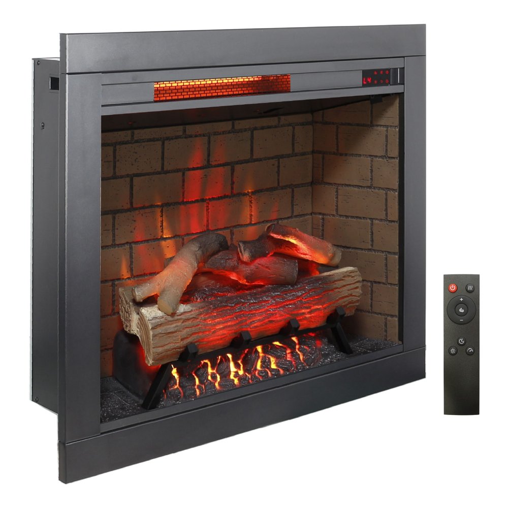 28" Black Faux Brick Metal Electric Fireplace And Speaker. Fireplace isolated on a plain white background, showing a black metal surface.
