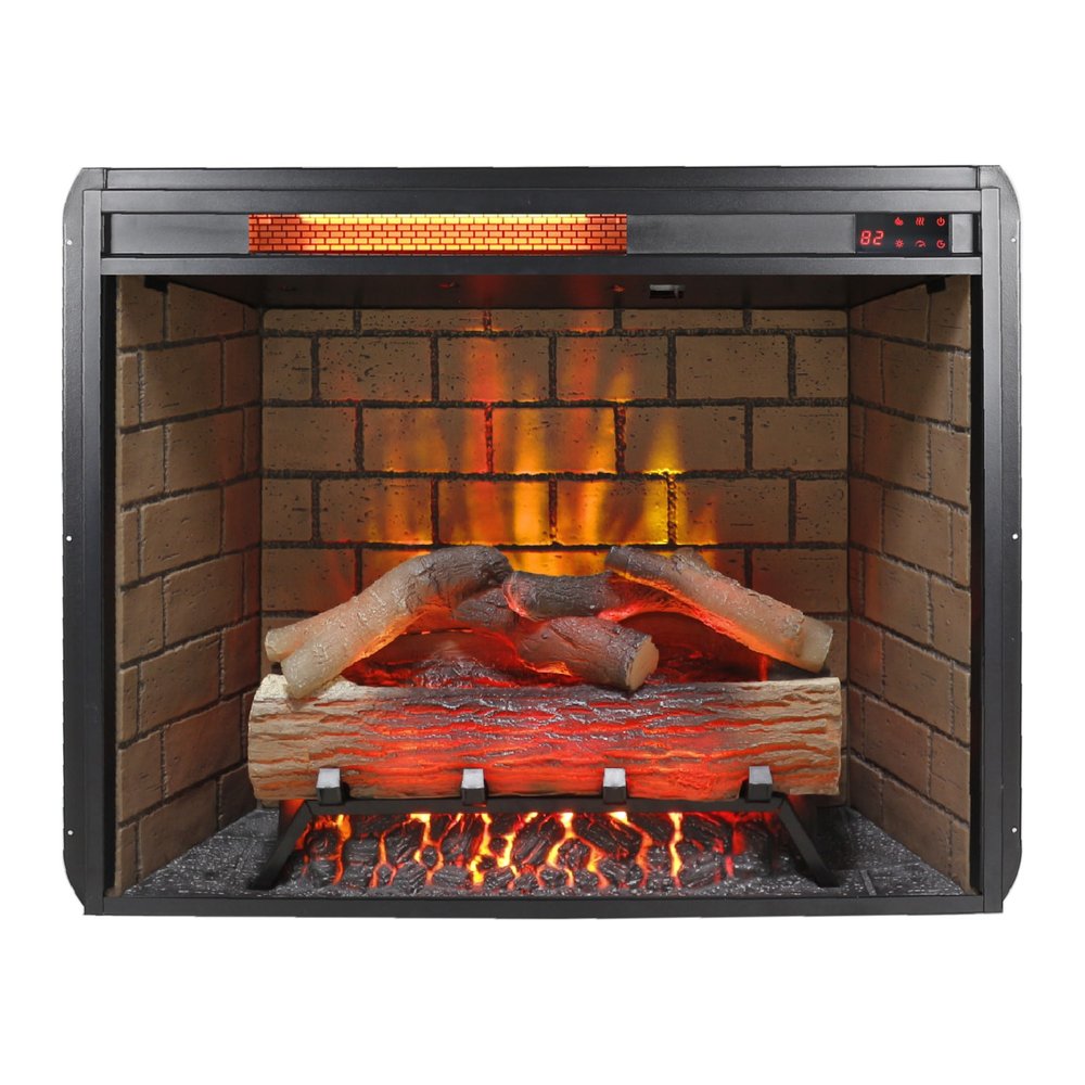 28" Black Faux Brick Metal Electric Fireplace And Speaker. Fireplace isolated on a plain white background, finished in black metal.
