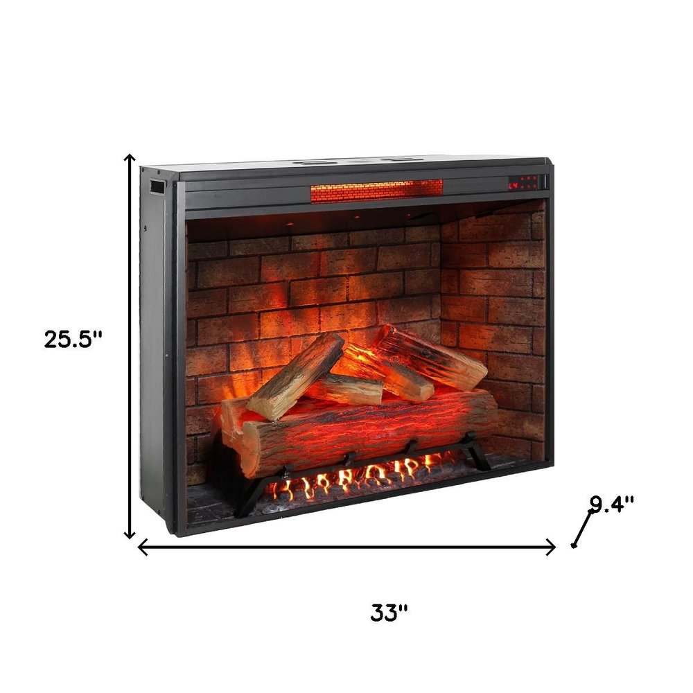 33" Black Faux Brick Metal Free Standing Electric Fireplace And Speaker. Fireplace isolated on a plain white background, finished in black metal.