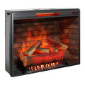 33" Black Faux Brick Metal Free Standing Electric Fireplace And Speaker. Fireplace isolated on a plain white background, showing a black metal surface.