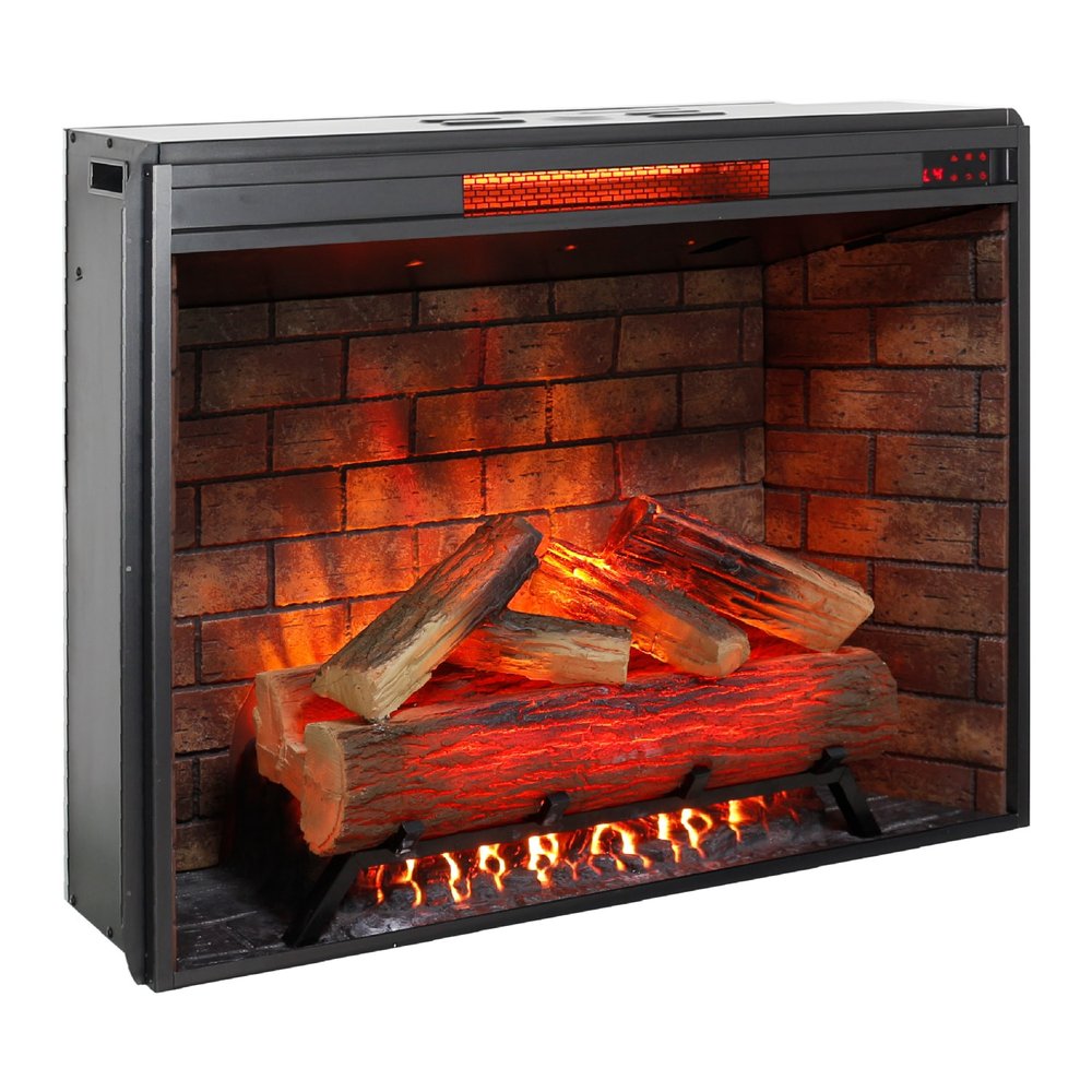 33" Black Faux Brick Metal Free Standing Electric Fireplace And Speaker. Fireplace isolated on a plain white background, showing a black metal surface.