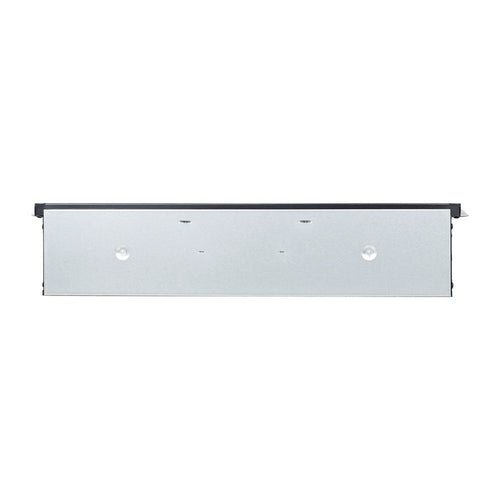 Black metal electric fireplace insert with LED, viewed from the side against a white background.