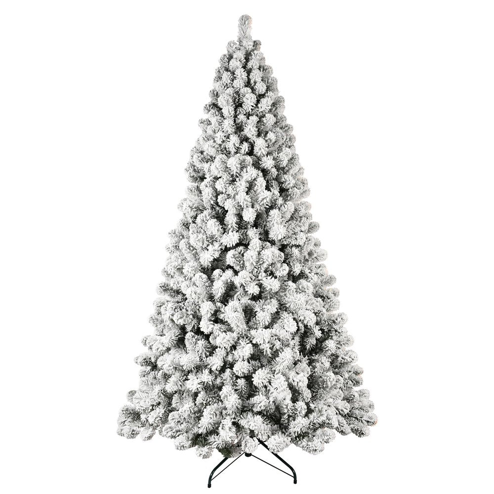 A tall, flocked spruce Christmas tree with a white, snowy appearance, standing on a black metal stand against a white background.