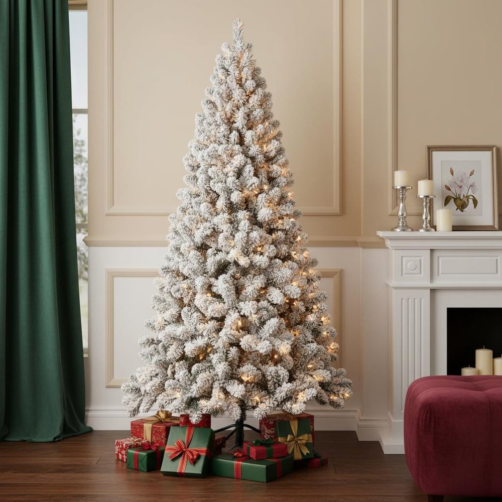 8' Pre Lit Full Flocked Spruce Christmas Tree - 96.00" H x 54.00" W x 54.00" D
