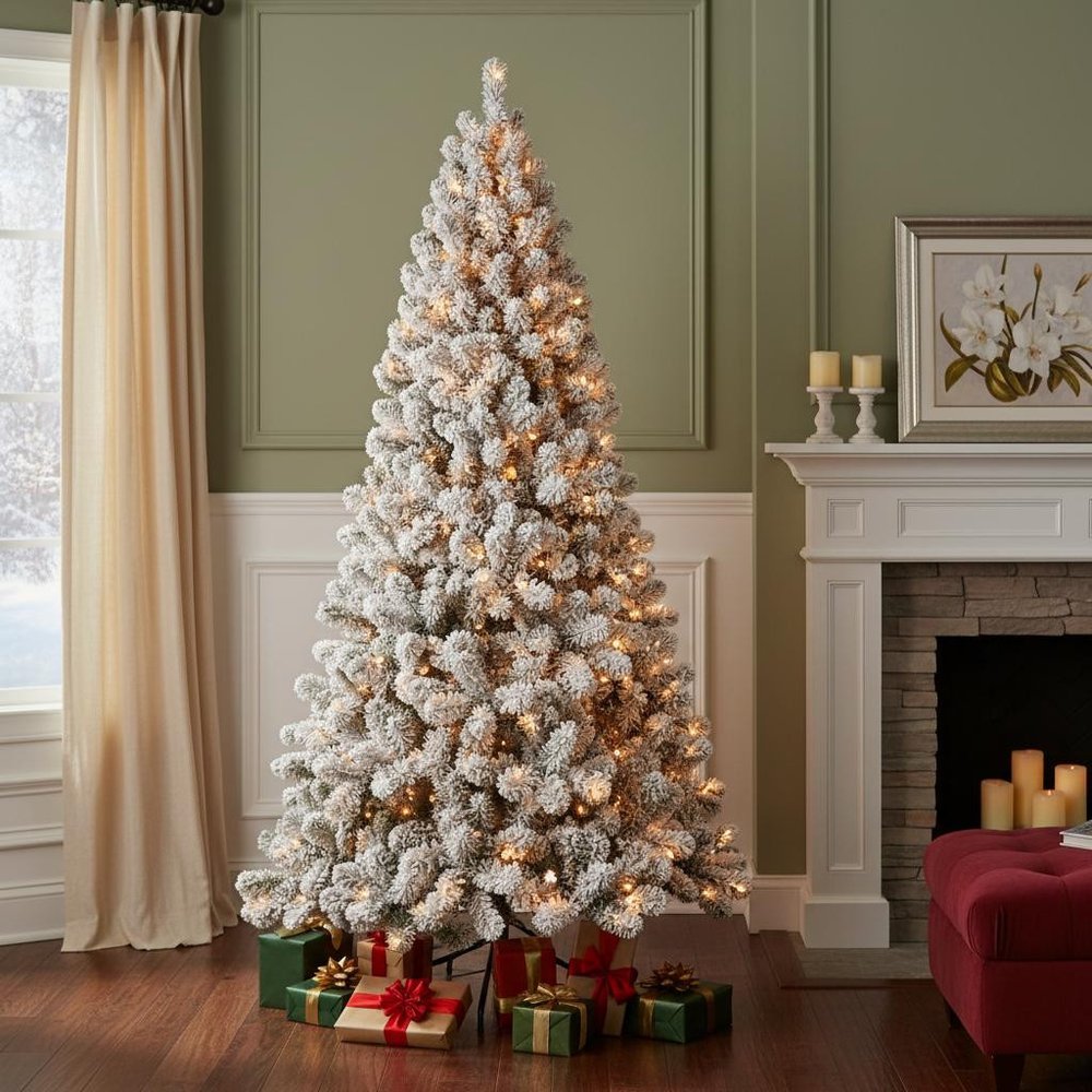 8' Pre Lit Full Flocked Spruce Christmas Tree in a home interior