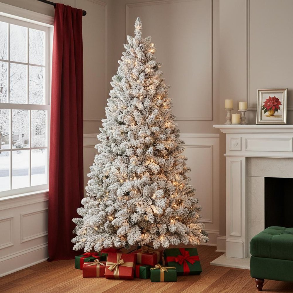9' Pre Lit Full Flocked Spruce Christmas Tree in a home interior