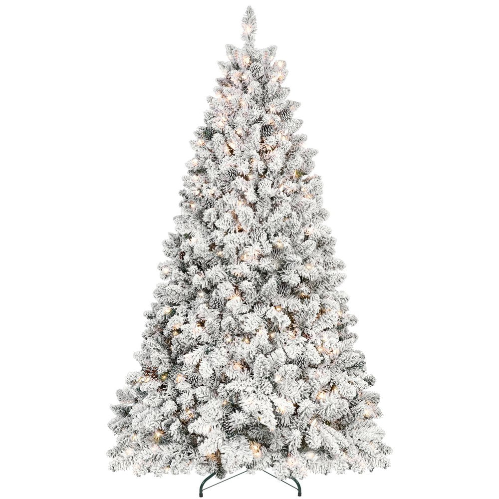 9' Pre Lit Full Flocked Spruce Christmas Tree on a white background