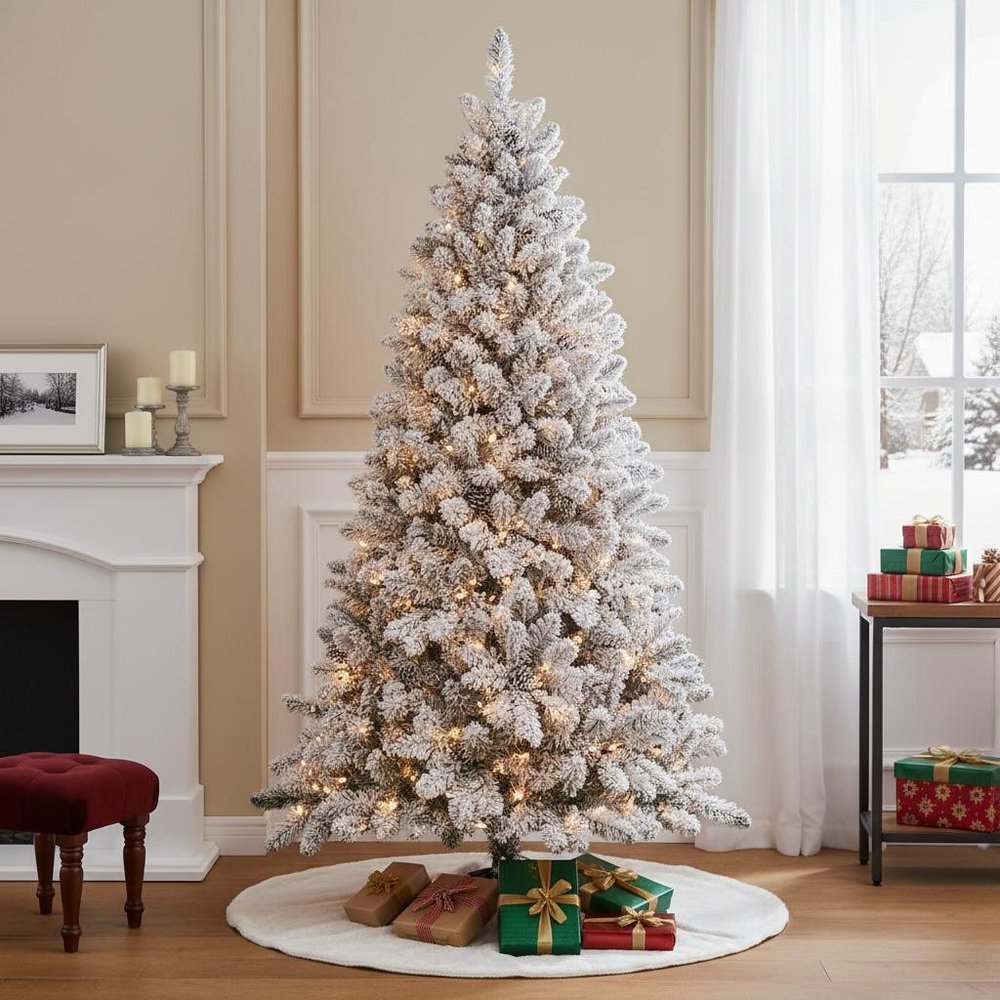 9' Pre Lit Full Flocked Spruce Christmas Tree
