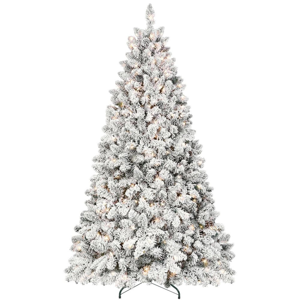 9' Pre Lit Full Flocked Spruce Christmas Tree on a white background