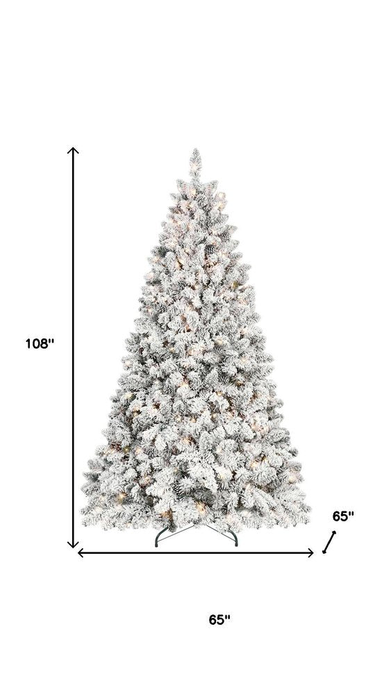 9' Pre Lit Full Flocked Spruce Christmas Tree on a white background