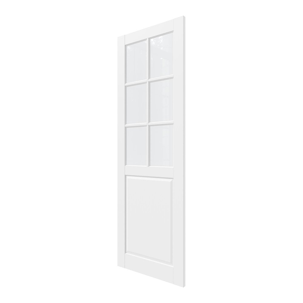 White wood and glass slab door with six glass panes and a solid lower panel, isolated on a white background.