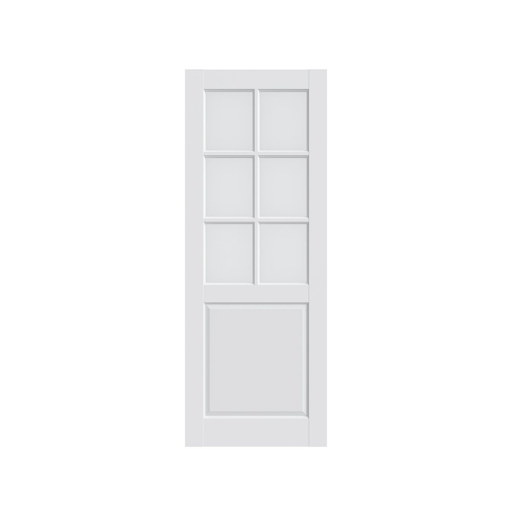 White interior French door with six glass panes and a solid lower panel, isolated on a white background.