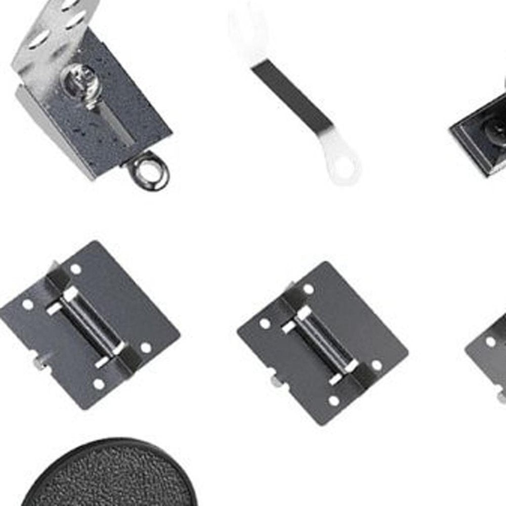 Set of two white wood bi-fold door hardware pieces, one silver metal bracket with screw and ring, and one white plastic strap with metal ring.