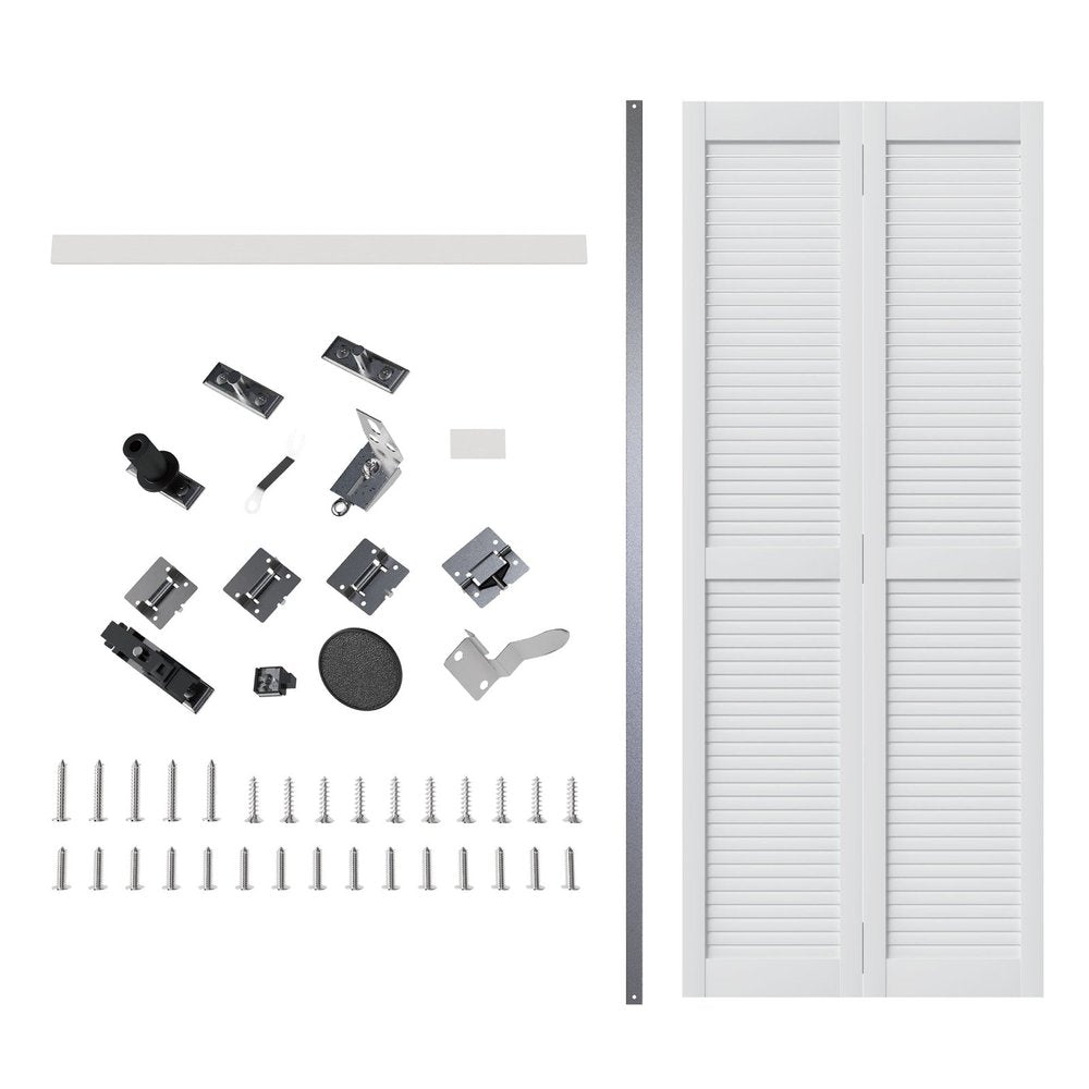 White wood bi-fold doors with hardware kit and track on a white background.