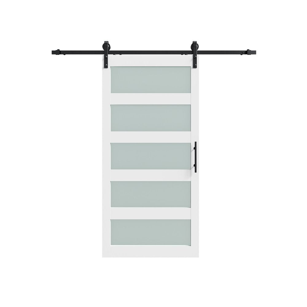 White barn door with five frosted glass panels and black hardware on a white background.