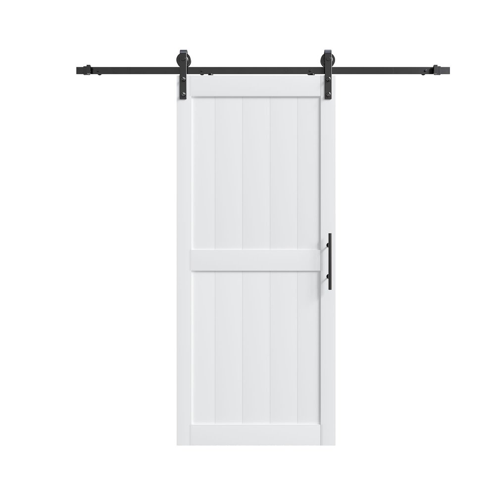 White wood barn door with black hardware on a white background.