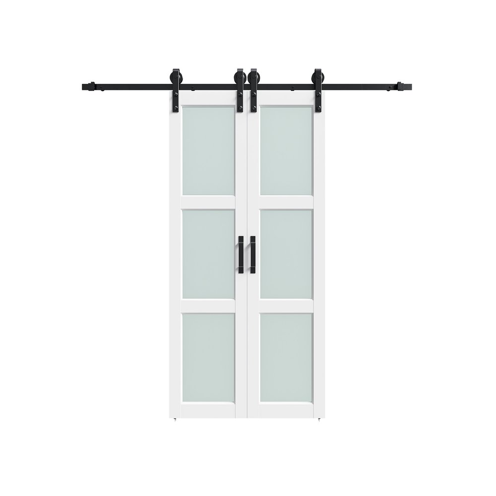 White double barn doors with frosted glass panels and black hardware on a white background.