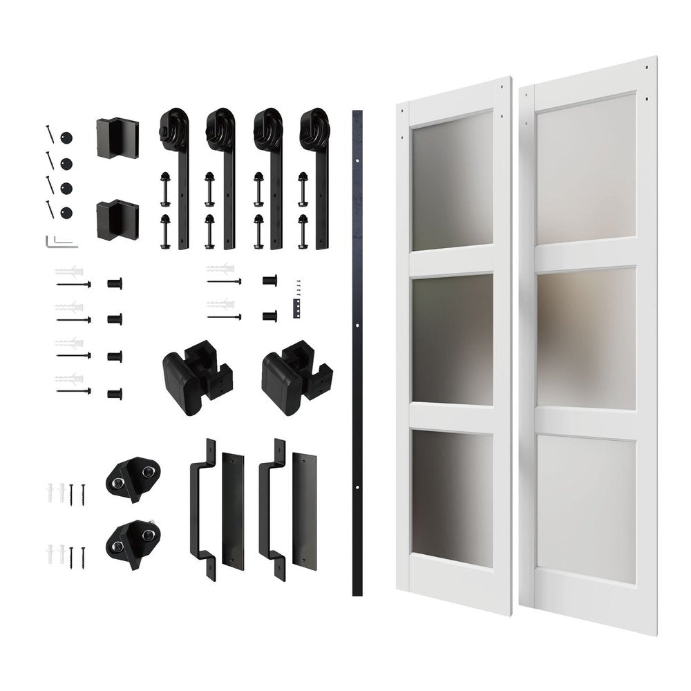 Two white sliding closet doors with frosted glass panels and black hardware kit on a white background.