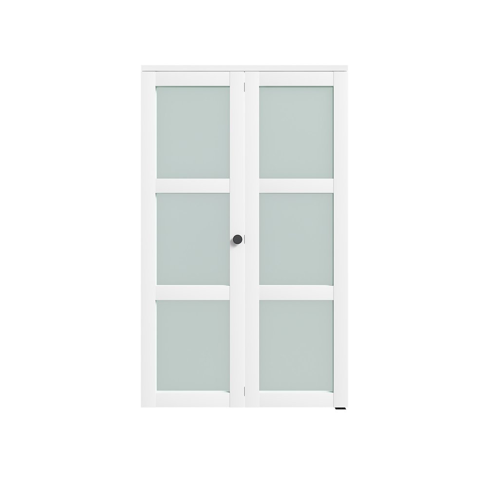 White bi-fold doors with frosted glass panels and a black knob on a white background.