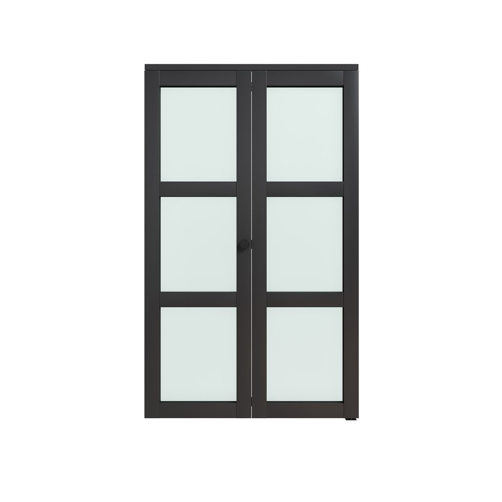 Two black bi-fold doors with six frosted glass panels each, set against a white background.