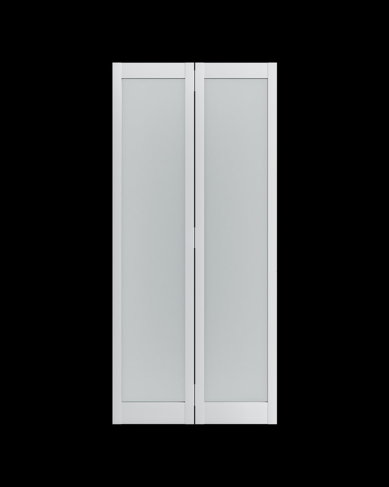 Two white bi-fold doors with frosted glass panels against a black background.
