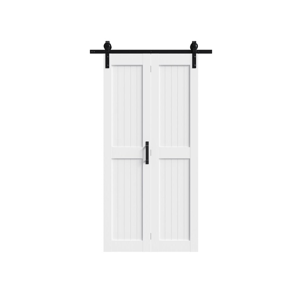 White wood bi-fold doors with black hardware on a white background.