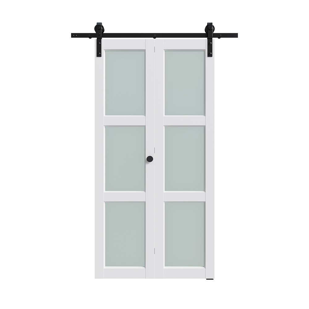 White bi-fold doors with frosted glass panels and a black barn door track against a white background.