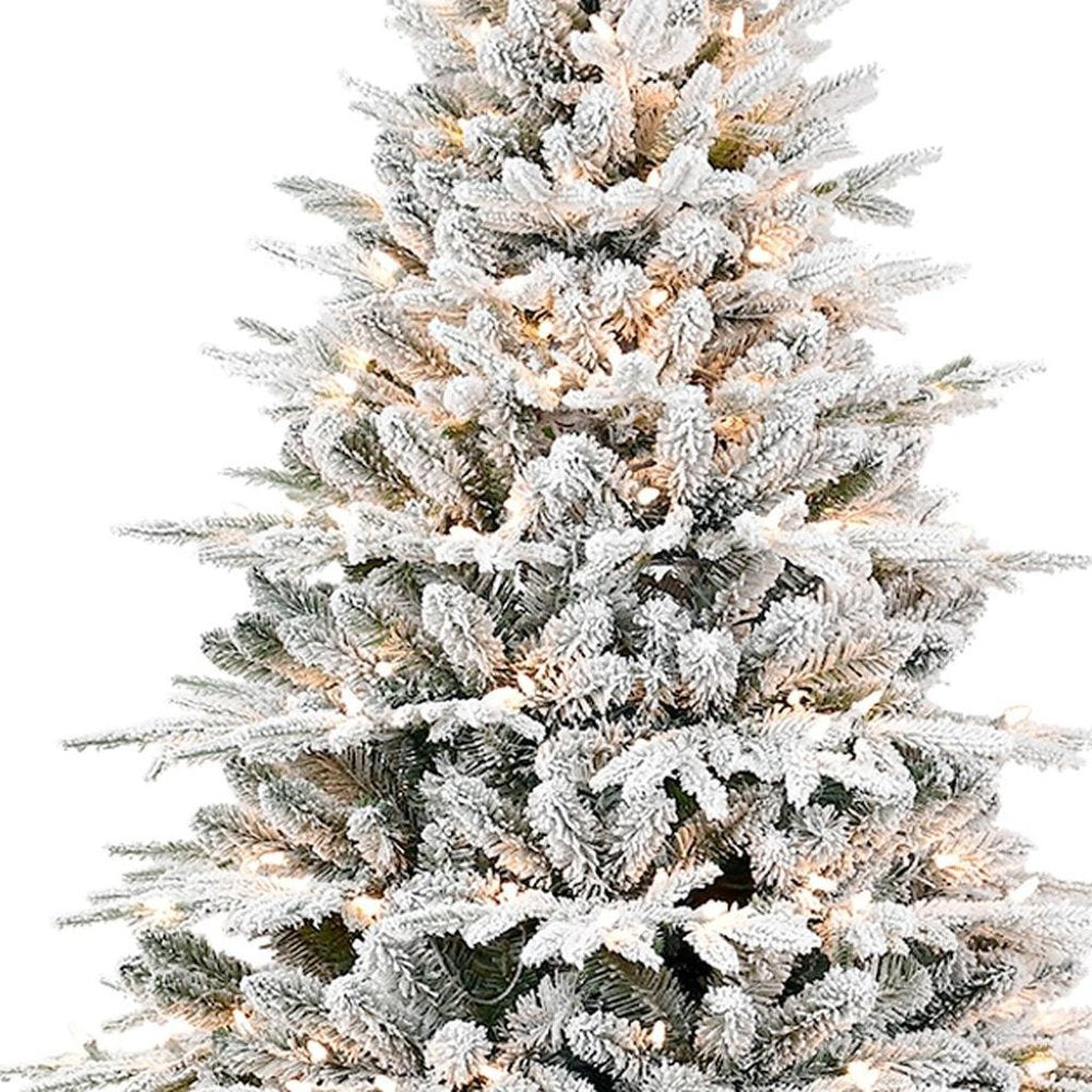 7.5' White Pre Lit Full Flocked Pine Christmas Tree With Decorations