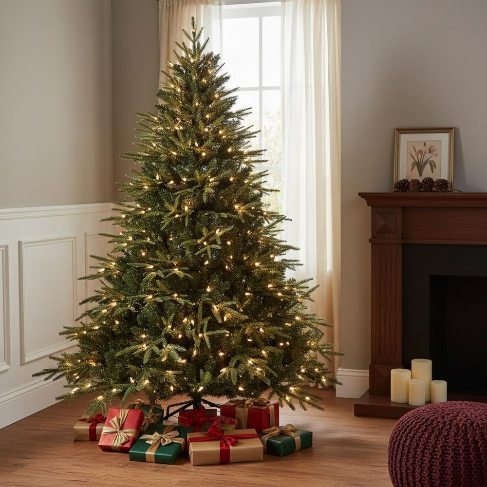 7.5' Pre Lit Full Pine Christmas Tree With Decorations