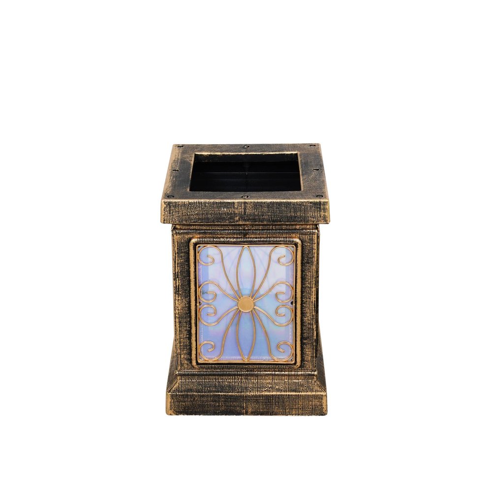 A square, bronze-colored solar lantern with a decorative floral design on a white background.