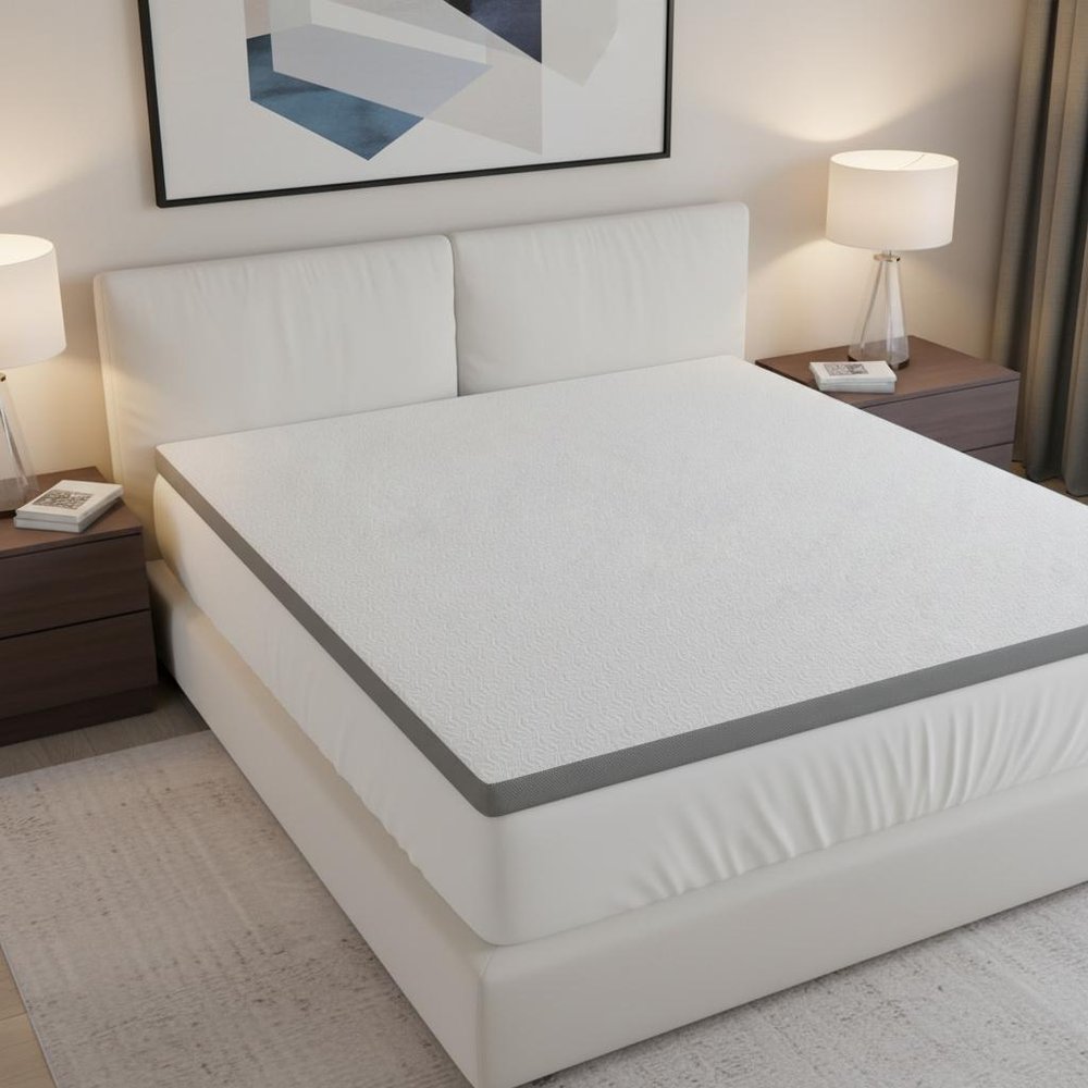3" White Gel Memory Foam California King Mattress Topper styled in a furnished interior with a light gray wall on a tiled floor.