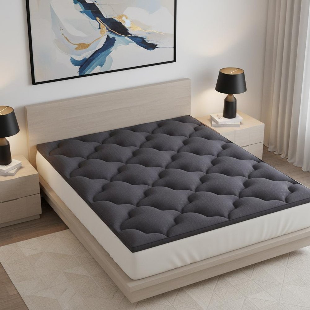 2" Dark Gray Cotton Full Double Mattress Topper styled in a furnished interior with a light gray wall on a wood floor in charcoal cotton.